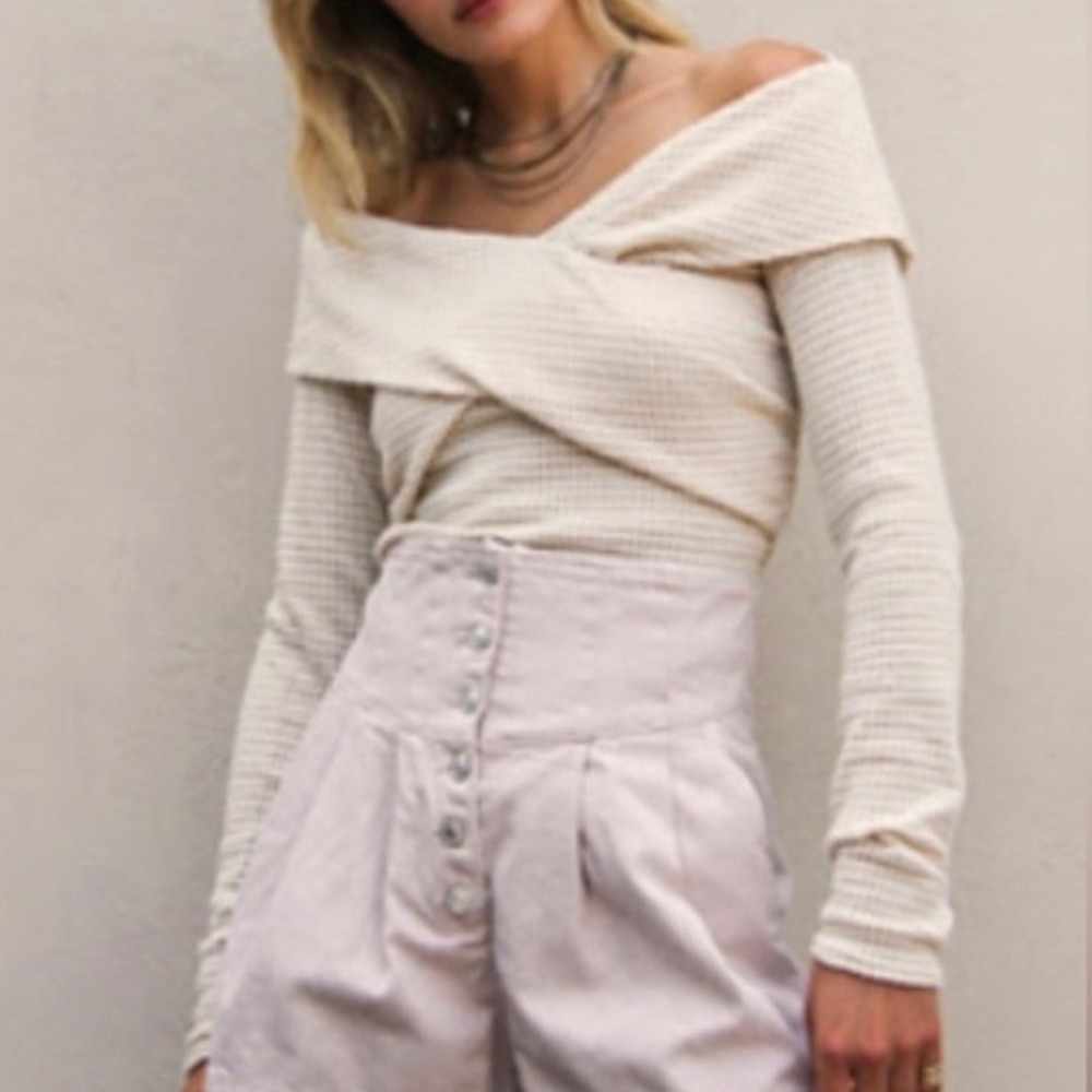 Free People Marley Top Off Shoulder Waffle Knit Oatmeal Cream Large